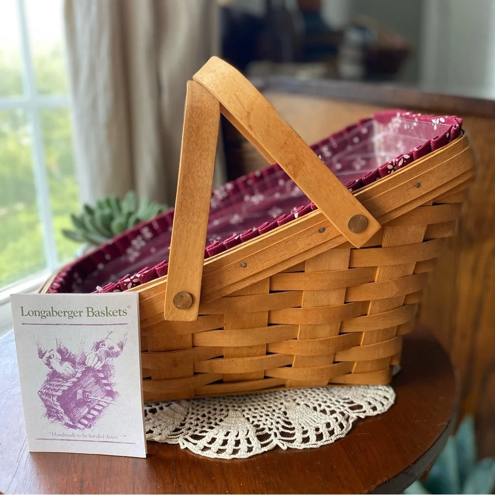 Longaberger Vintage Large Sleigh Basket Burgundy w/Plastic Liner Circa. 1995 EUC